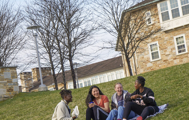 Goucher students in the residential quad