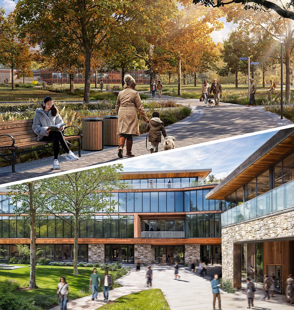 Two 3D renderings of future Goucher College projects including a retirement community.